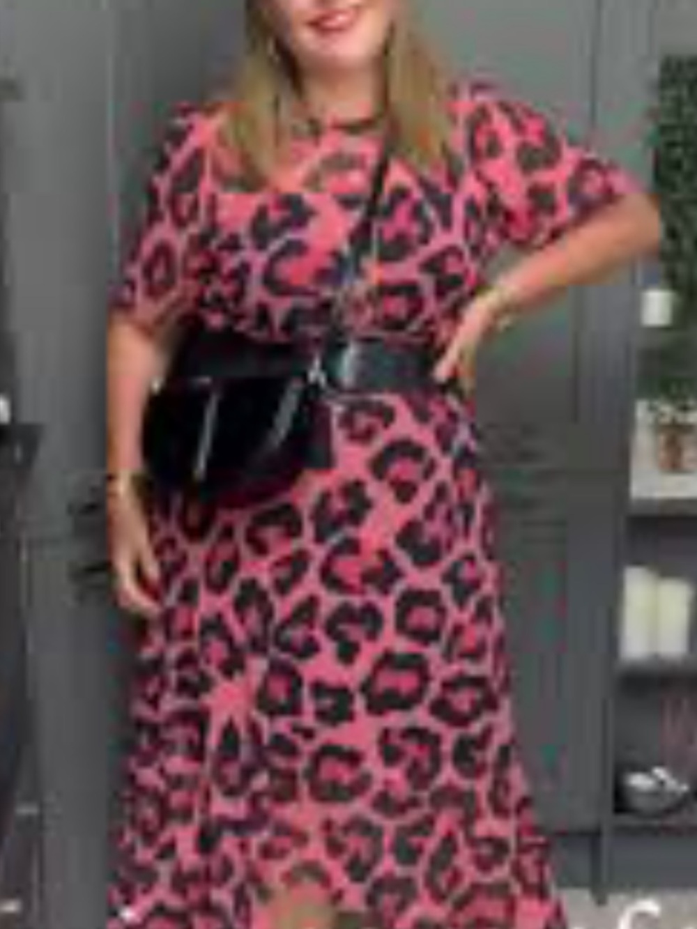Pink Leopard-Print Sheer Dress with Puff Sleeves
